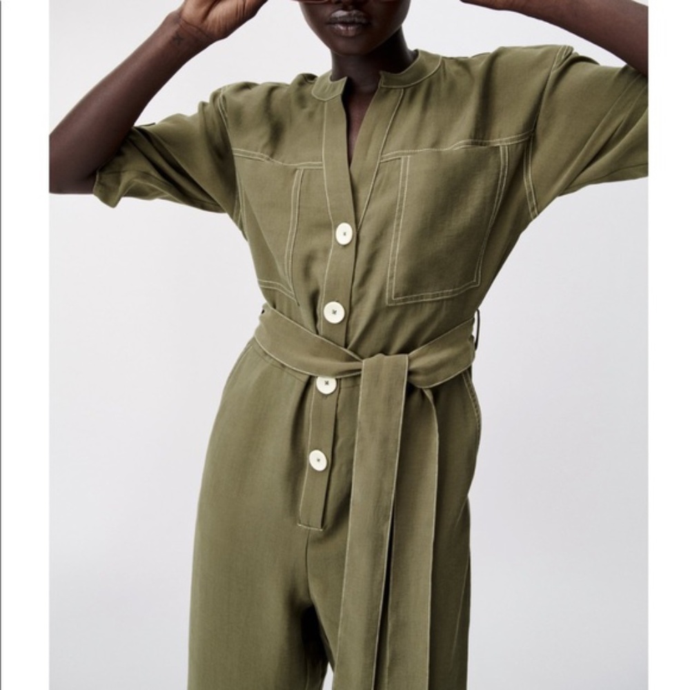 NWT Zara khaki jumpsuit with contrasting topstiching